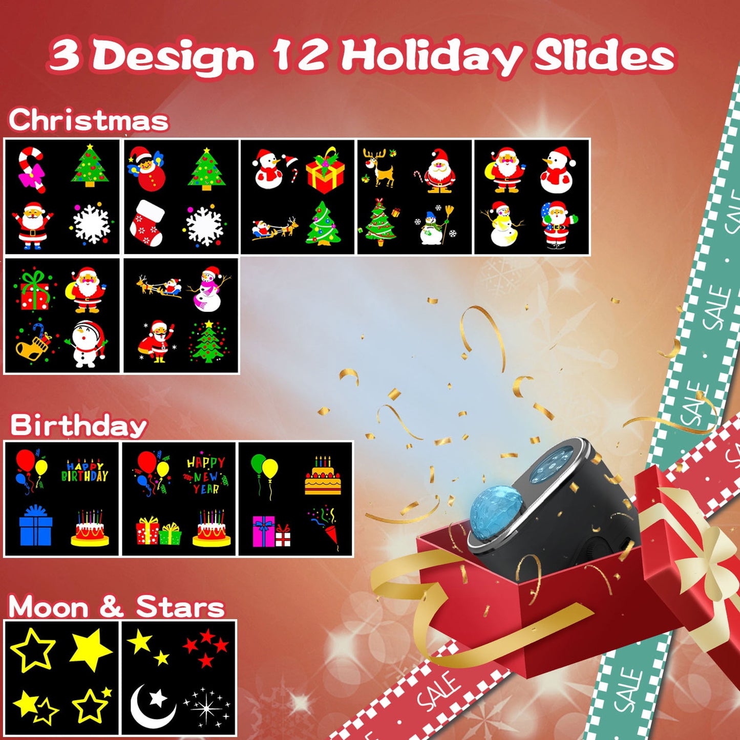 Dammyty Christmas Light Projector with Bluetooth Speaker, LED Projector Lights 12 Switchable Patterns for Children Birthday Party Holiday Wedding Home Decor