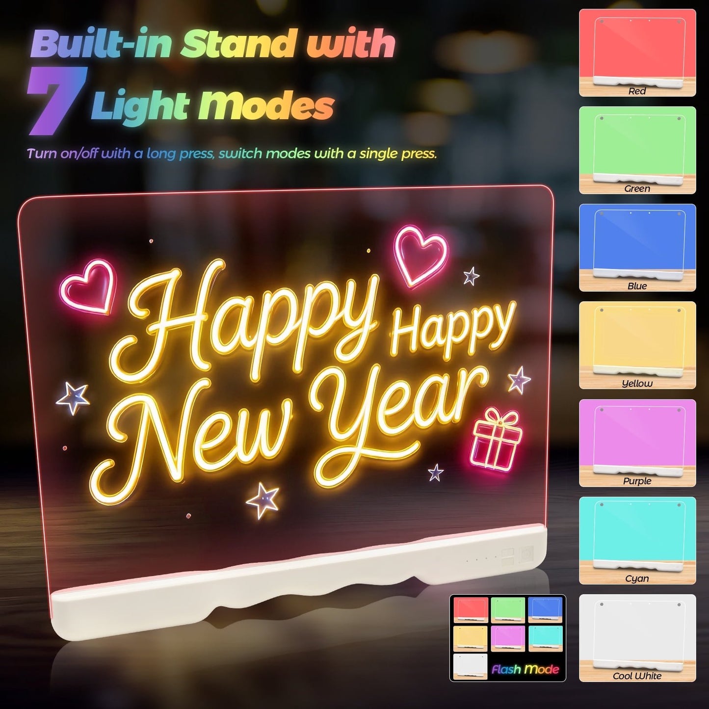 Dammyty LED Light-Up Dry Erase Board with 7-Color Neon Doodle Glow, Adjustable Lights Button & Stand, Night Light for Kids Room/Office/Gift, Includes 7 Markers
