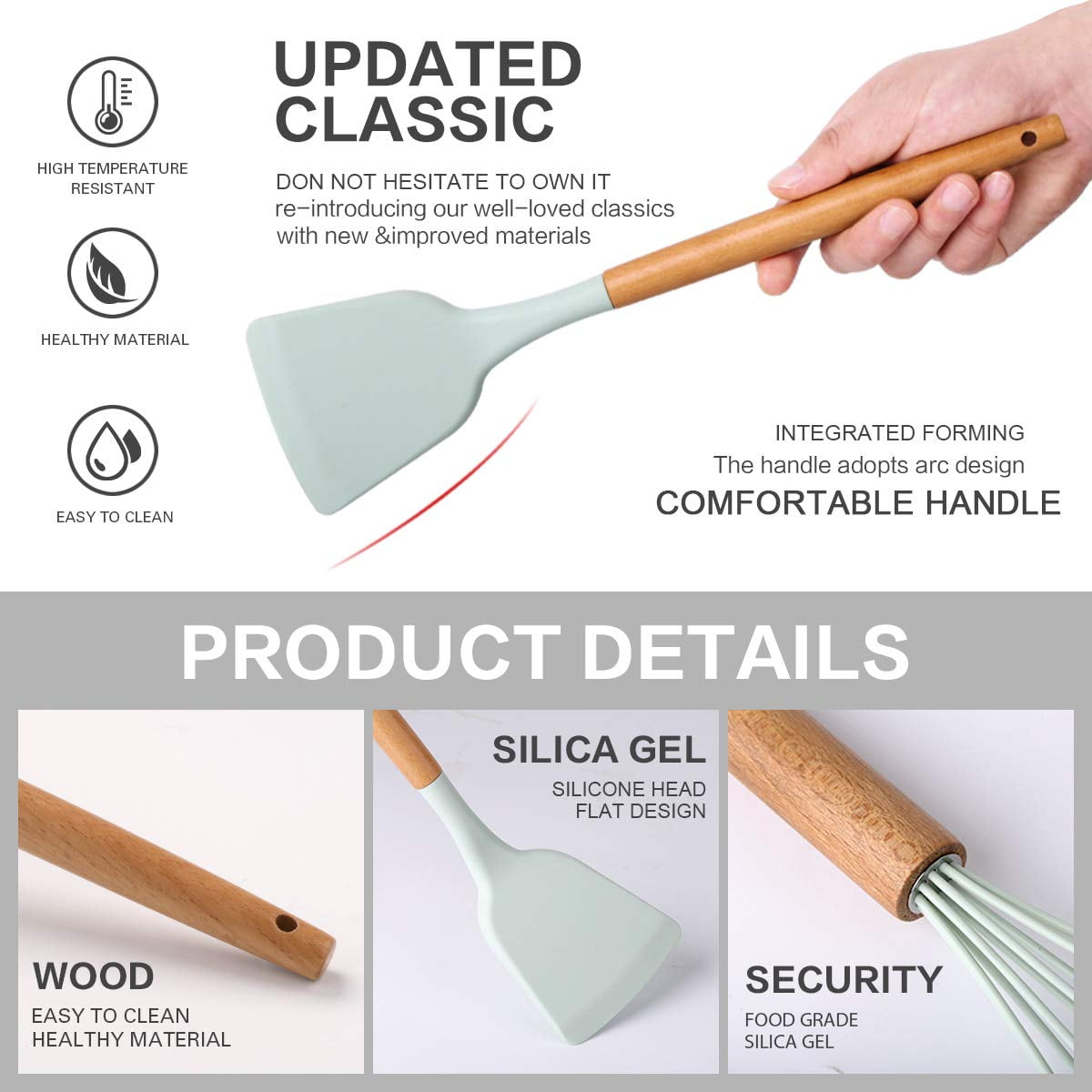 Dammyty Silicone Cooking Utensil Set, Kitchen Utensils Cooking Utensils Sets, Food Grade Silicone Spatula Set, BPA-Free, Non-stick Heat Resistant Silicone Cookware with Wooden Handle