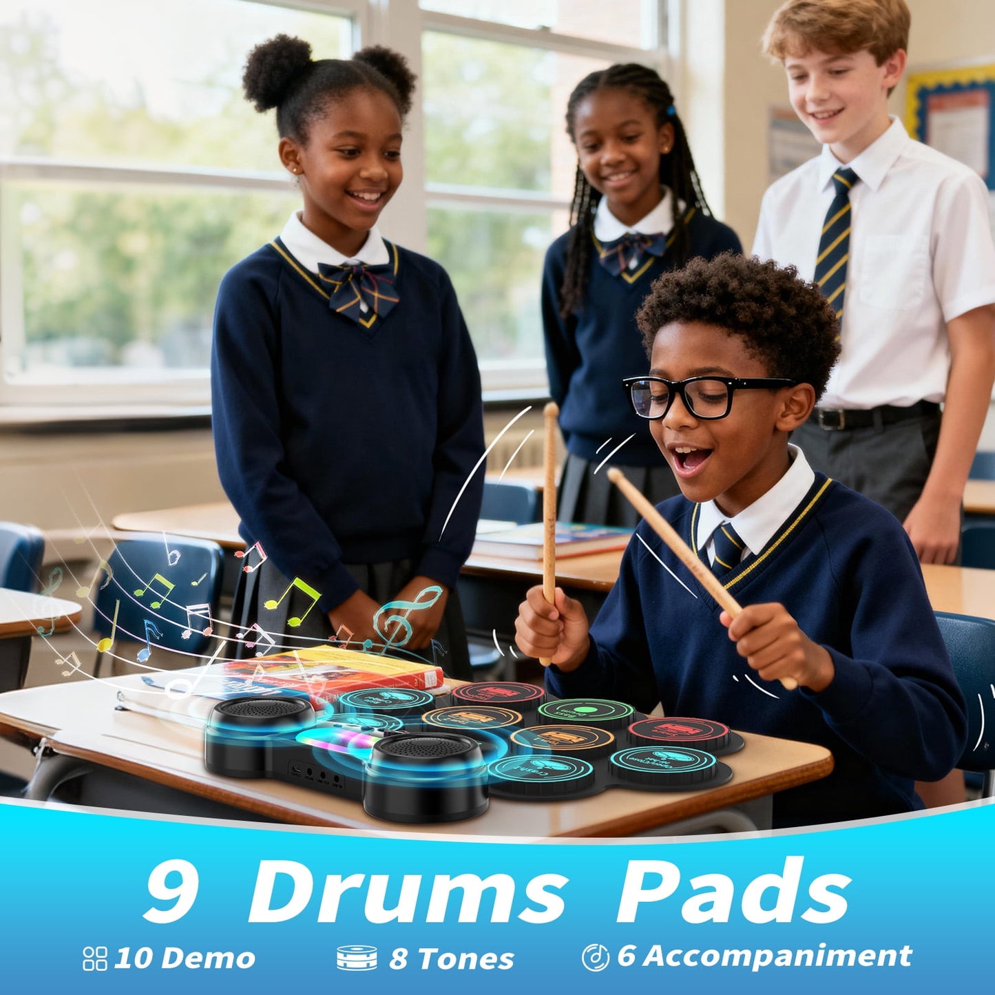 Dammyty Upgrade 9 Pads Kids Adults Electronic Drum Sets Kit with Headphone Jack and Dual Bluetooth Speaker Wireless Connection for Christmas Birthday Gift