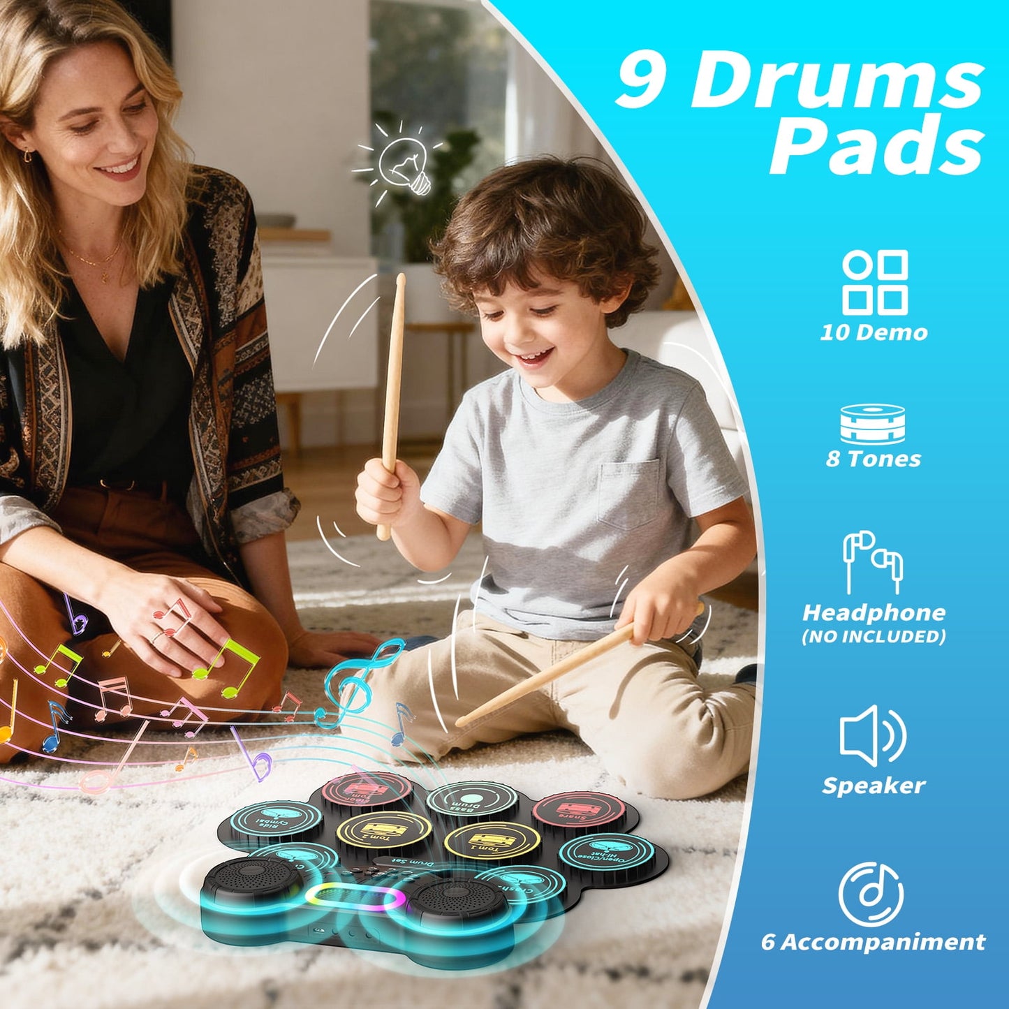 Dammyty Electronic Drum Set for Kids Adults, 9 Pads Portable Electric Drums with Headphone Jack & Speaker