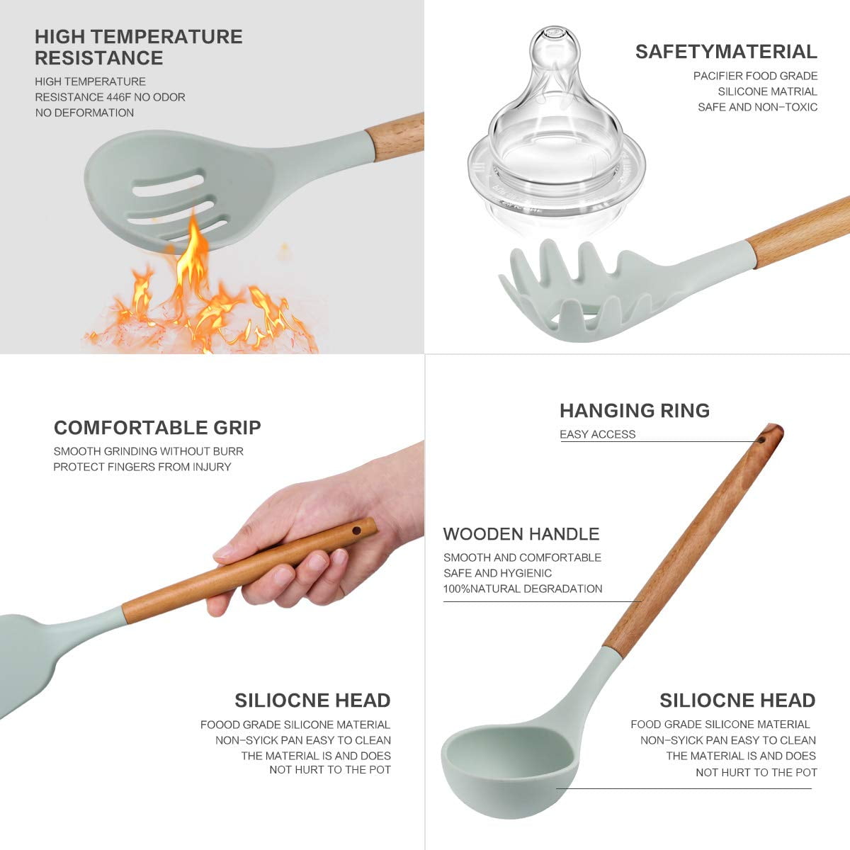 Dammyty Silicone Cooking Utensil Set, Kitchen Utensils Cooking Utensils Sets, Food Grade Silicone Spatula Set, BPA-Free, Non-stick Heat Resistant Silicone Cookware with Wooden Handle