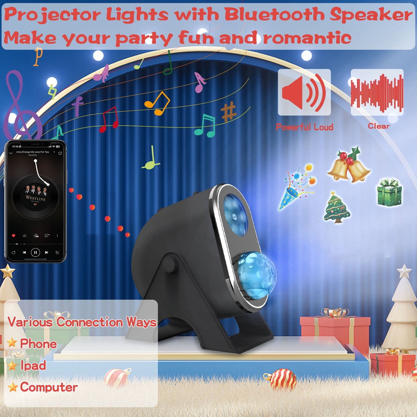 Dammyty Christmas Light Projector with Bluetooth Speaker, LED Projector Lights 12 Switchable Patterns for Children Birthday Party Holiday Wedding Home Decor