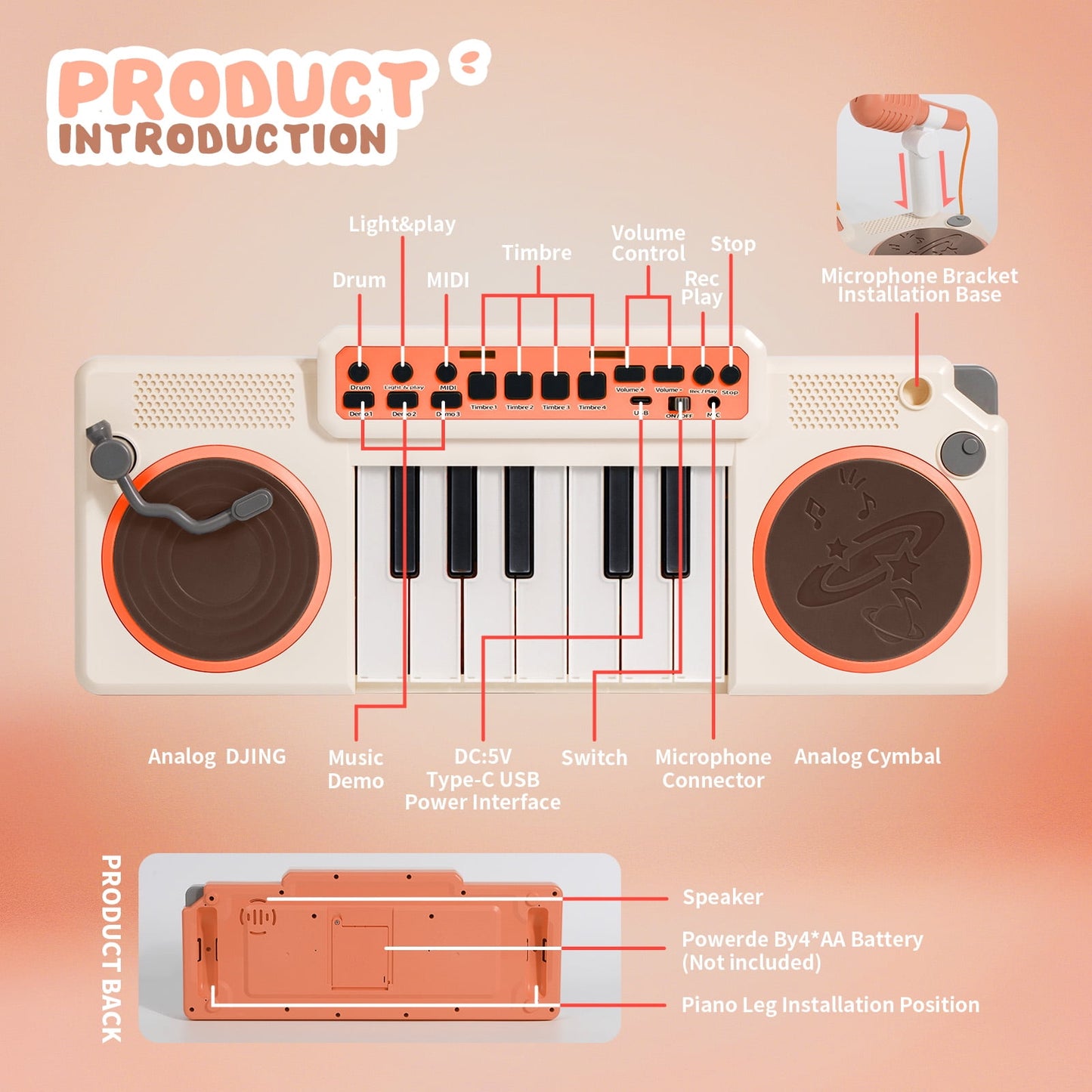 Dammyty Toddler Piano Toys for Girls, Baby Musical Keyboard Kids Age 1 2 3 Play Instrument with Microphone