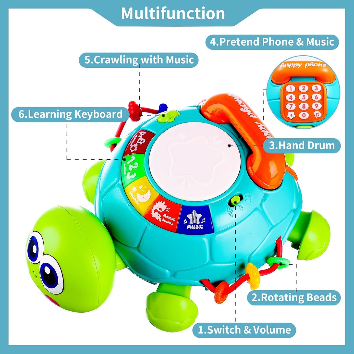 Dammyty Musical Turtle Baby Toys 6-12 Months, Educational Crawling Toys for Toddlers 1-2, Learning Infant Toys with Light & Sound, Christmas Birthday Gifts for 1 2 Year Old Boys Girls