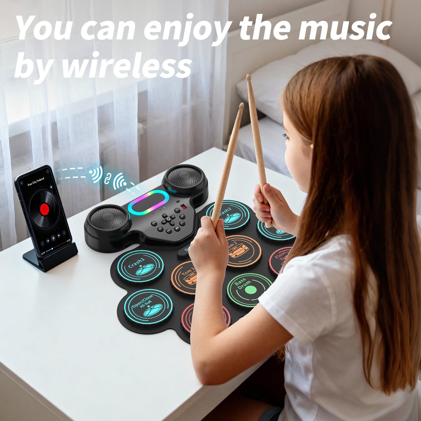 Dammyty Upgrade 9 Pads Kids Adults Electronic Drum Sets Kit with Headphone Jack and Dual Bluetooth Speaker Wireless Connection for Christmas Birthday Gift