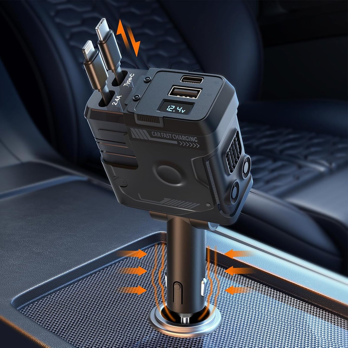 Dammyty Retractable Car Charger, 4 in 1 Fast Car Phone Charger 66W, 2 Retractable Cables and USB Car Charger,Compatible with iPhone 15/14/13/12/11Pro Max, iPad, Pixel