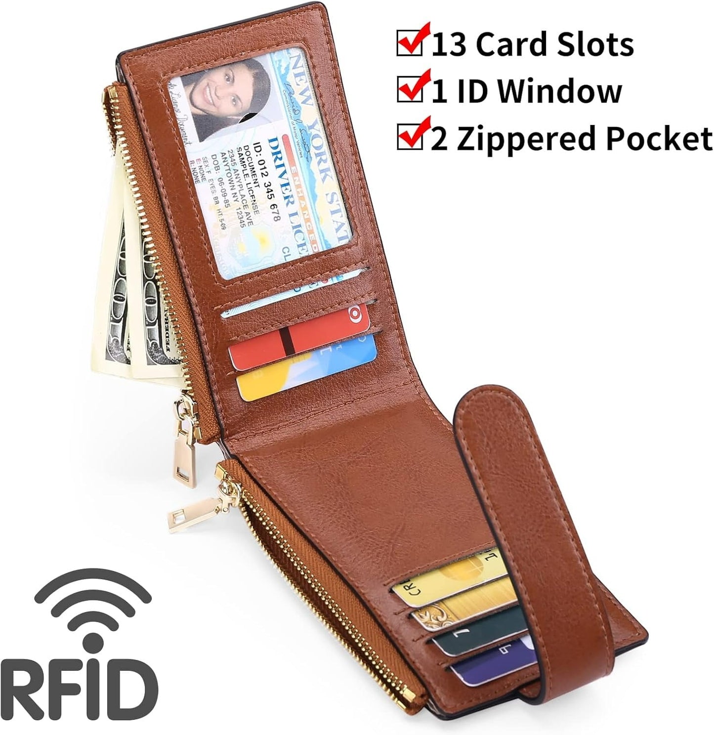 Dammyty Wallets for Woman Small Genuine Leather Bifold Credit Card Holder with RFID Blocking, Woman Wallet with Dual Zipper Pockets