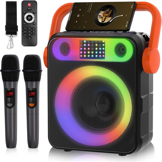 Dammyty Karaoke Machine for Adult, Portable Home Singing Machine with 2 Wireless Microphones, Bluetooth Speaker with PA System and LED Lights