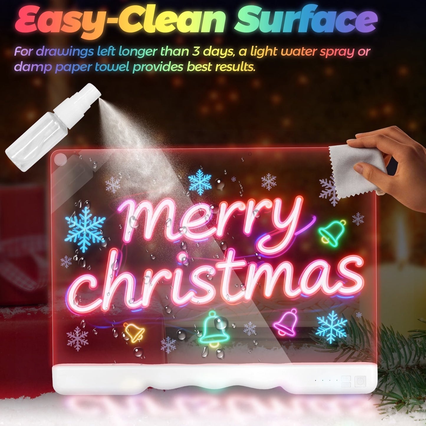 Dammyty LED Light-Up Dry Erase Board with 7-Color Neon Doodle Glow, Adjustable Lights Button & Stand, Night Light for Kids Room/Office/Gift, Includes 7 Markers