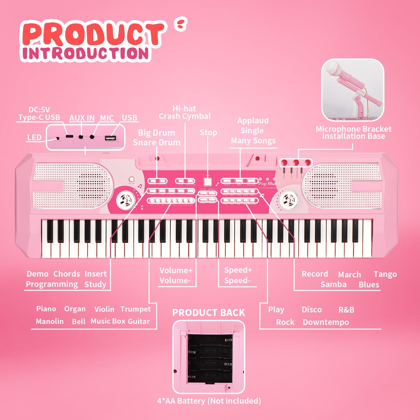 Dammyty Upgrade 61 Keys Electronic Piano Keyboard for Kids Adults, Bluetooth Portable Electric Piano with Microphone for Christmas Birthday Gift