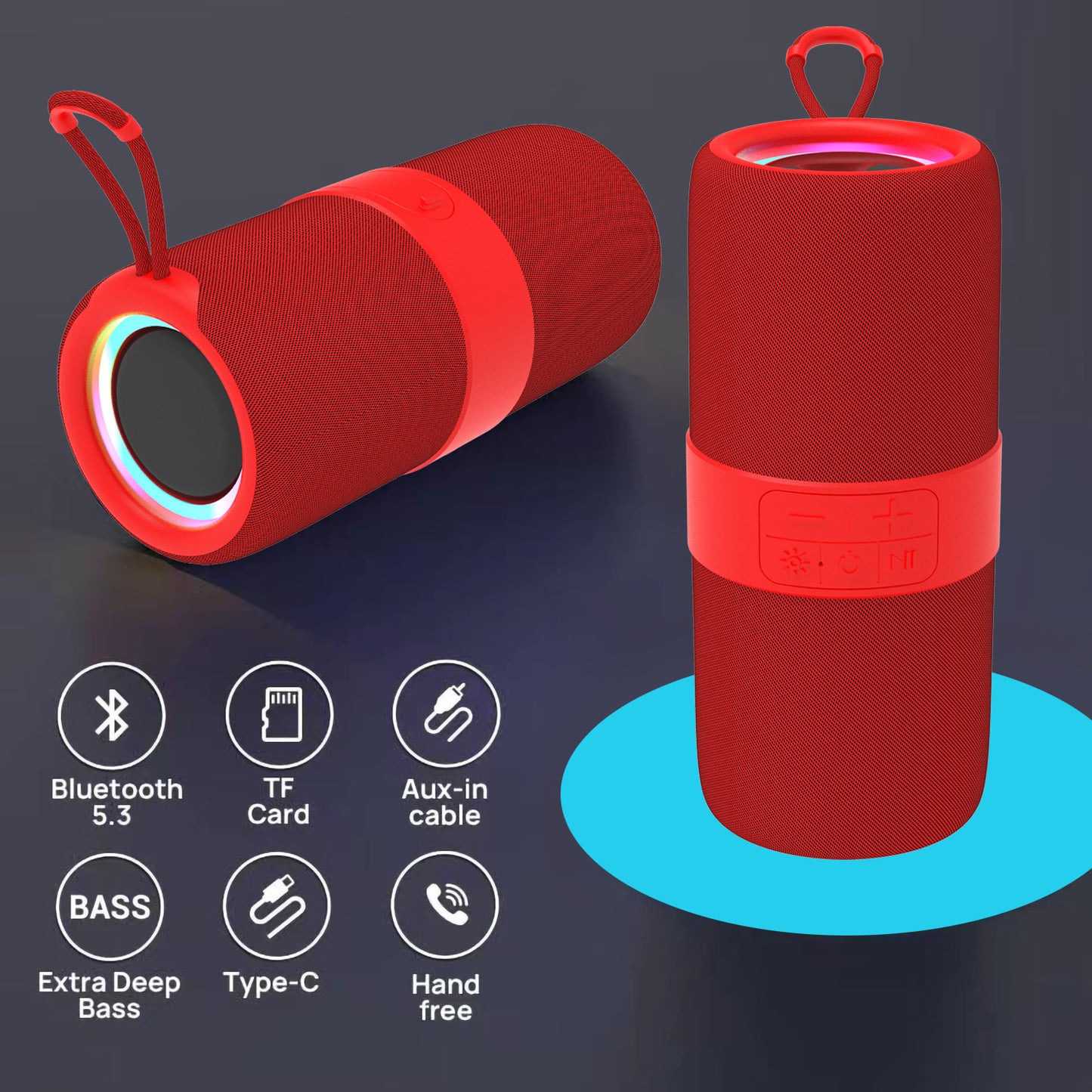 Dammyty Portable Bluetooth Speaker with Deep Bass Basser, Wireless Stereo Sound Bluetooth Speaker With 5.3,IP67 Waterproof,TWS Pairing for Home Party Outdoor（Red）