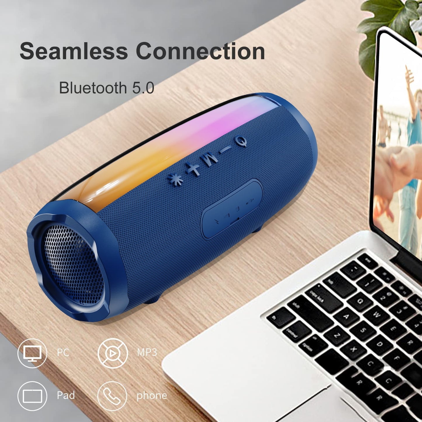 Dammyty Portable Bluetooth Speaker, IP67 Waterproof Wireless Speaker with Loud Stereo Sound, Deep Bass, Bluetooth 5.3, TWS Pairing，Colorful LED Lights , T&G Speaker, Outdoor, Party（Blue）