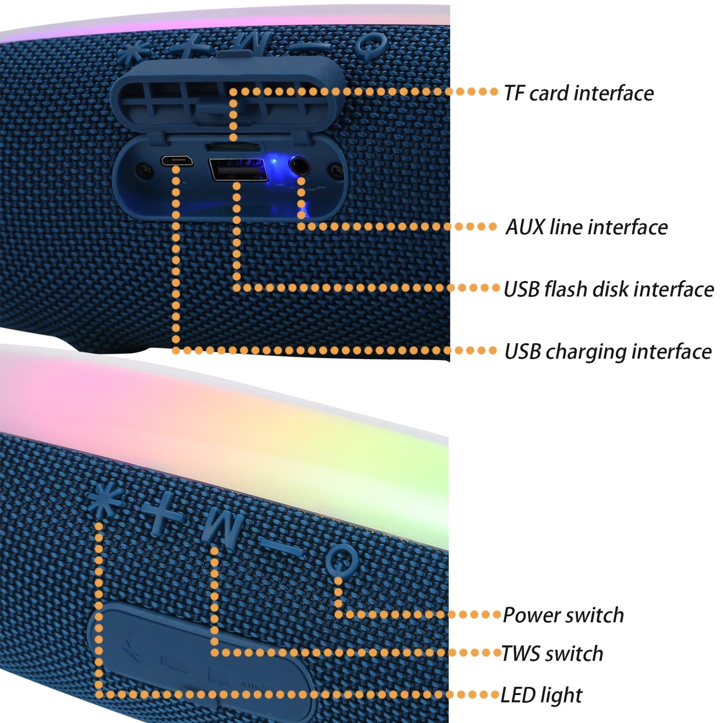 Dammyty Portable Bluetooth Speaker, IP67 Waterproof Wireless Speaker with Loud Stereo Sound, Deep Bass, Bluetooth 5.3, TWS Pairing，Colorful LED Lights , T&G Speaker, Outdoor, Party（Blue）