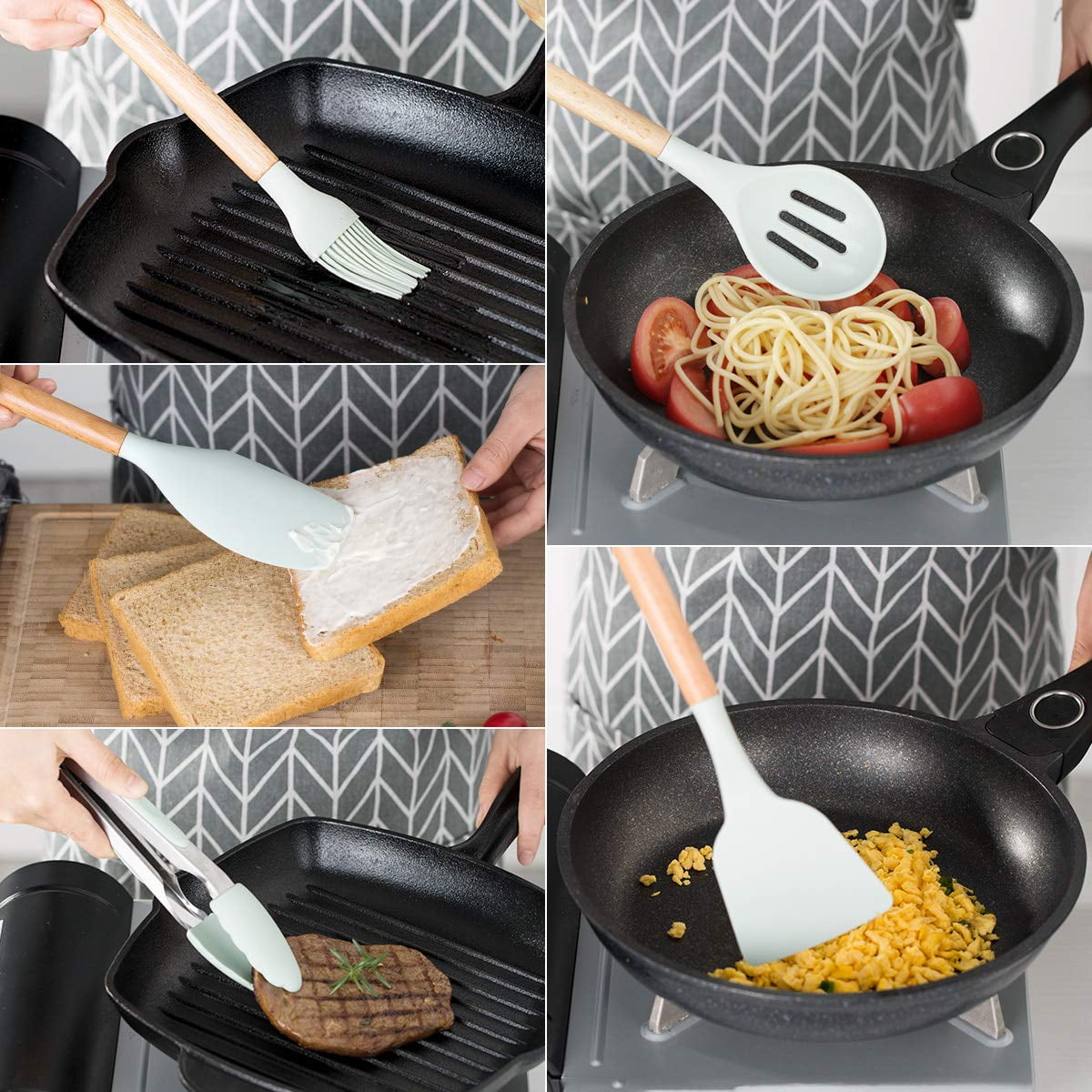 Dammyty Silicone Cooking Utensil Set, Kitchen Utensils Cooking Utensils Sets, Food Grade Silicone Spatula Set, BPA-Free, Non-stick Heat Resistant Silicone Cookware with Wooden Handle