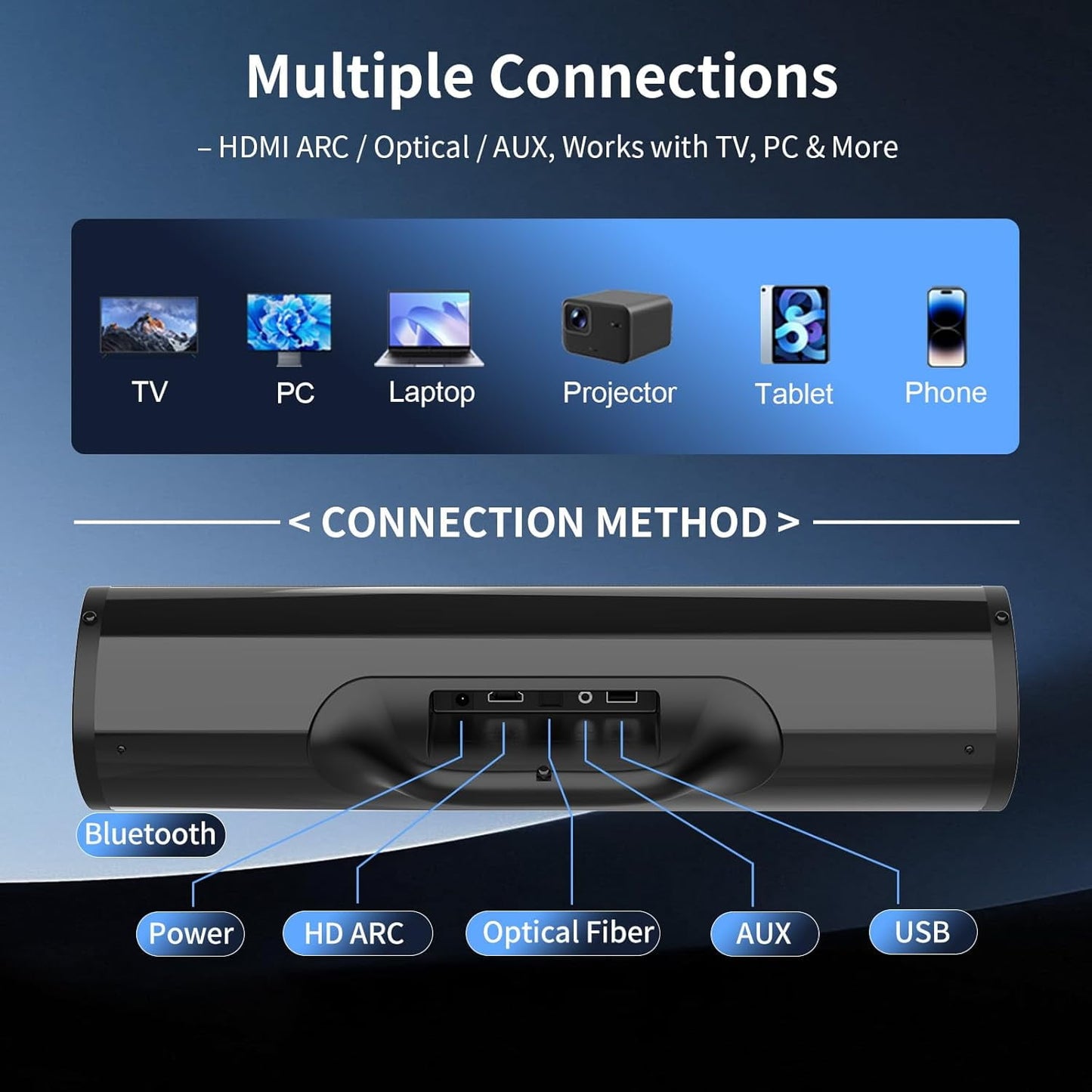Dammyty Sound Bar for TV, 3D Surround Sound System TV Sound Bar, Bluetooth 5.3 Soundbar with Built-in Subwoofer, 50W Home Theater TV Speakers, HDMI-ARC, Optical, AUX, USB