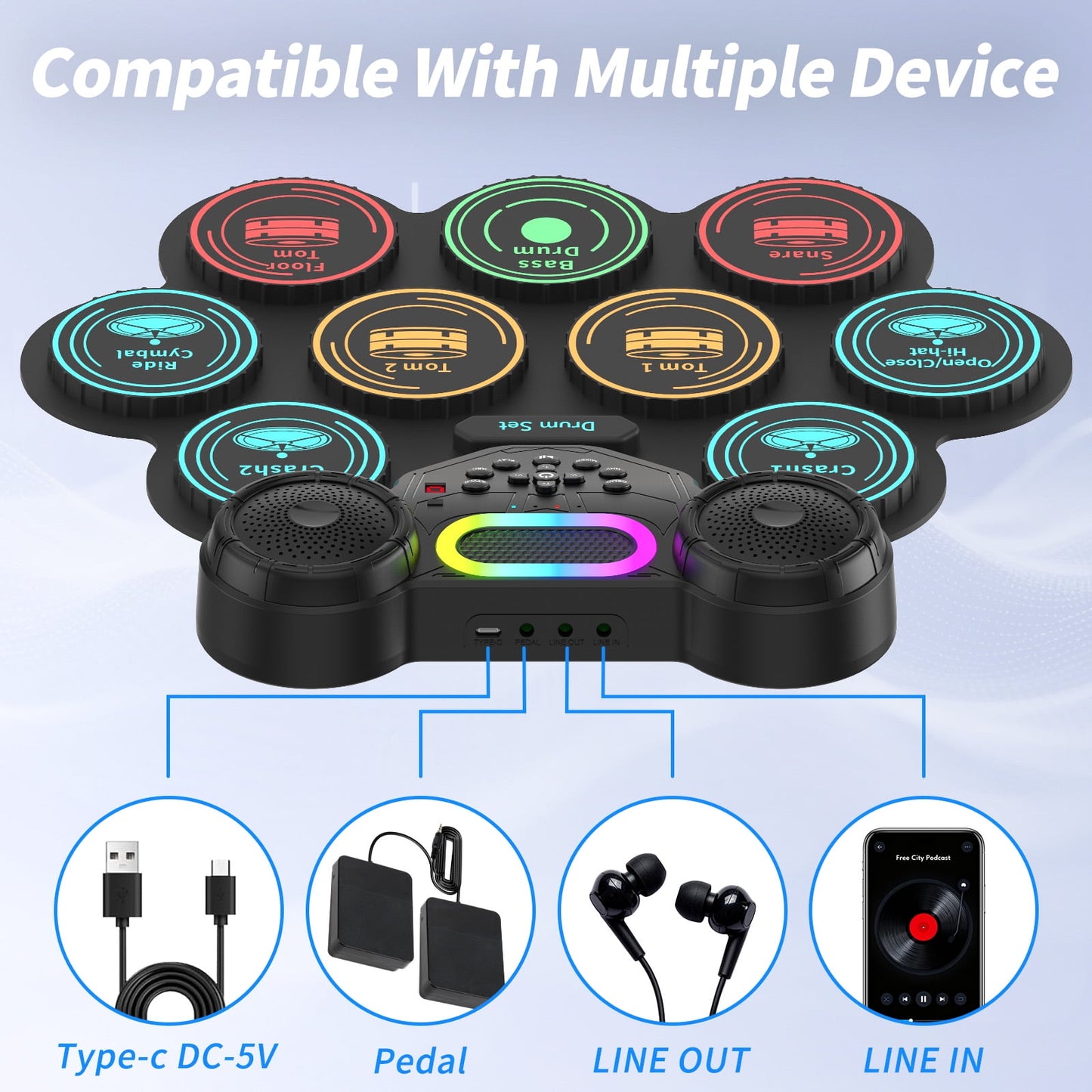 Dammyty Electronic Drum Set for Kids Adults, 9 Pads Portable Electric Drums with Headphone Jack & Speaker