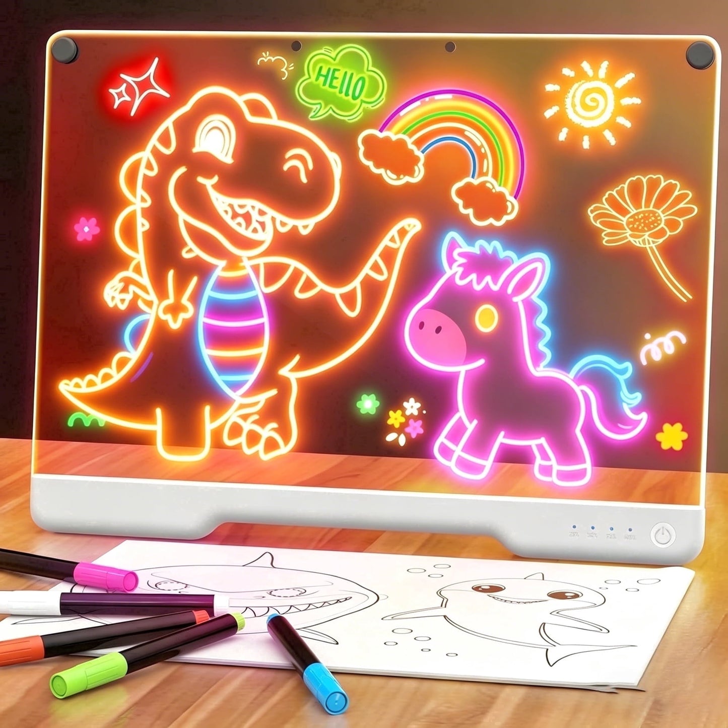 Dammyty LED Light-Up Dry Erase Board with 7-Color Neon Doodle Glow, Adjustable Lights Button & Stand, Night Light for Kids Room/Office/Gift, Includes 7 Markers