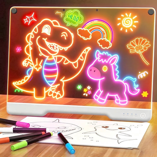 Dammyty LED Light-Up Dry Erase Board with 7-Color Neon Doodle Glow, Adjustable Lights Button & Stand, Night Light for Kids Room/Office/Gift, Includes 7 Markers