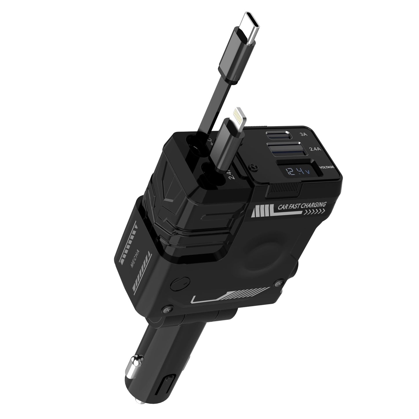 Dammyty Retractable Car Charger, 4 in 1 Fast Car Phone Charger 66W, 2 Retractable Cables and USB Car Charger,Compatible with iPhone 15/14/13/12/11Pro Max, iPad, Pixel