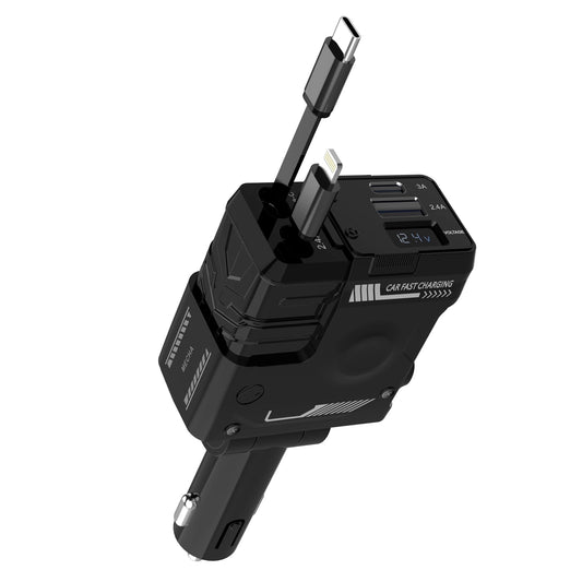 Dammyty Retractable Car Charger, 4 in 1 Fast Car Phone Charger 66W, 2 Retractable Cables and USB Car Charger,Compatible with iPhone 15/14/13/12/11Pro Max, iPad, Pixel