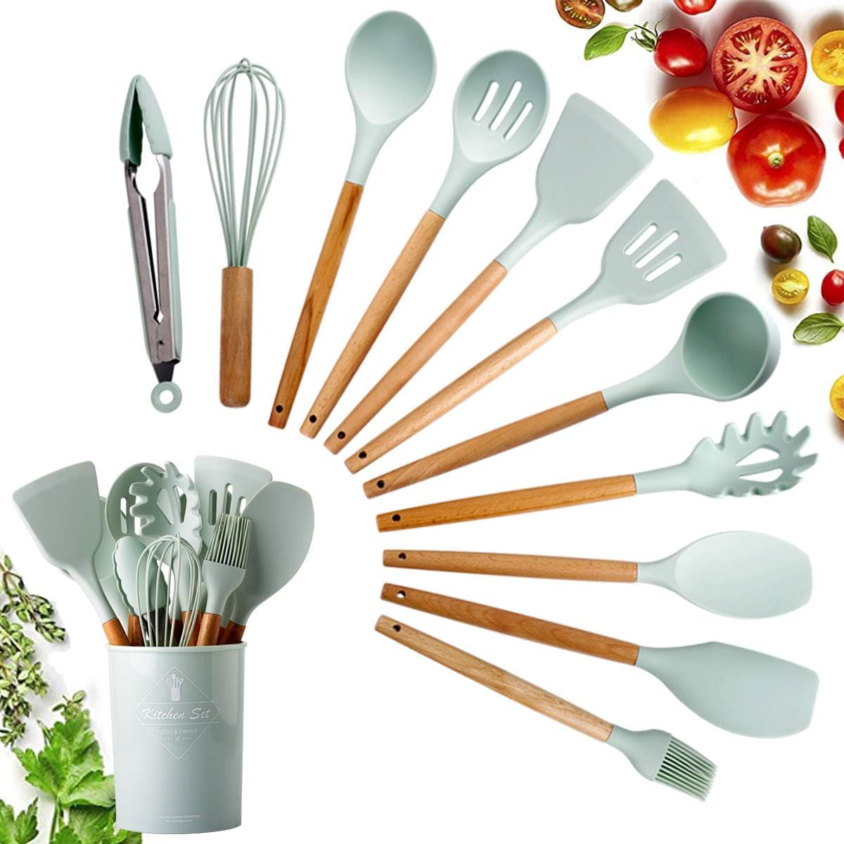 Dammyty Silicone Cooking Utensil Set, Kitchen Utensils Cooking Utensils Sets, Food Grade Silicone Spatula Set, BPA-Free, Non-stick Heat Resistant Silicone Cookware with Wooden Handle