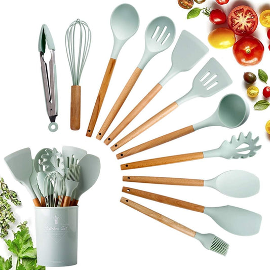 Dammyty Silicone Cooking Utensil Set, Kitchen Utensils Cooking Utensils Sets, Food Grade Silicone Spatula Set, BPA-Free, Non-stick Heat Resistant Silicone Cookware with Wooden Handle