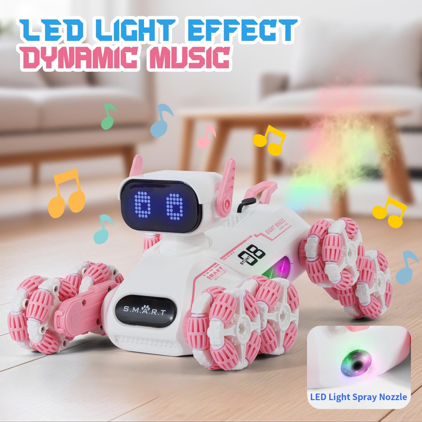 Dammyty Robot Dog Toys for Kids, Smart RC Stunt Robot Dog with Spray, Light & Music, Remote Control Robot Toys for Boys Girls, Pink