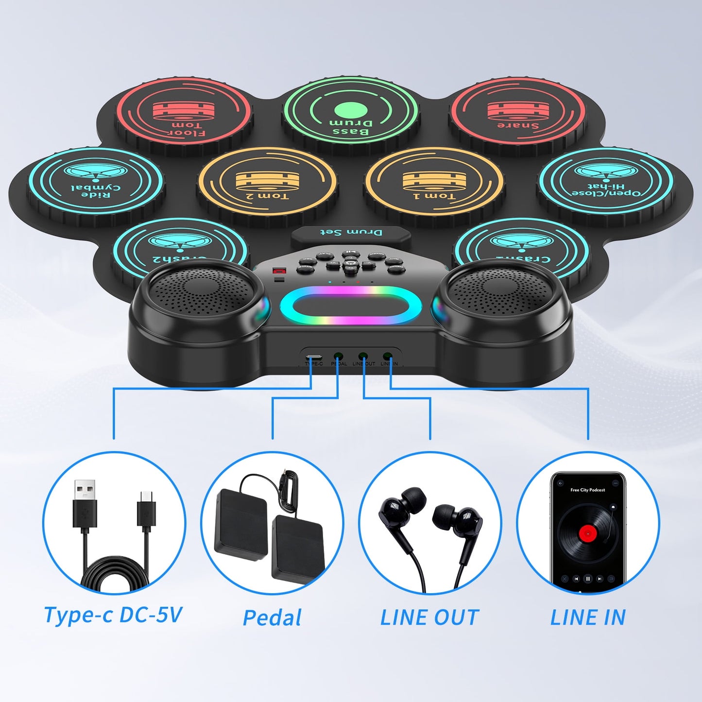 Dammyty Upgrade 9 Pads Kids Adults Electronic Drum Sets Kit with Headphone Jack and Dual Bluetooth Speaker Wireless Connection for Christmas Birthday Gift