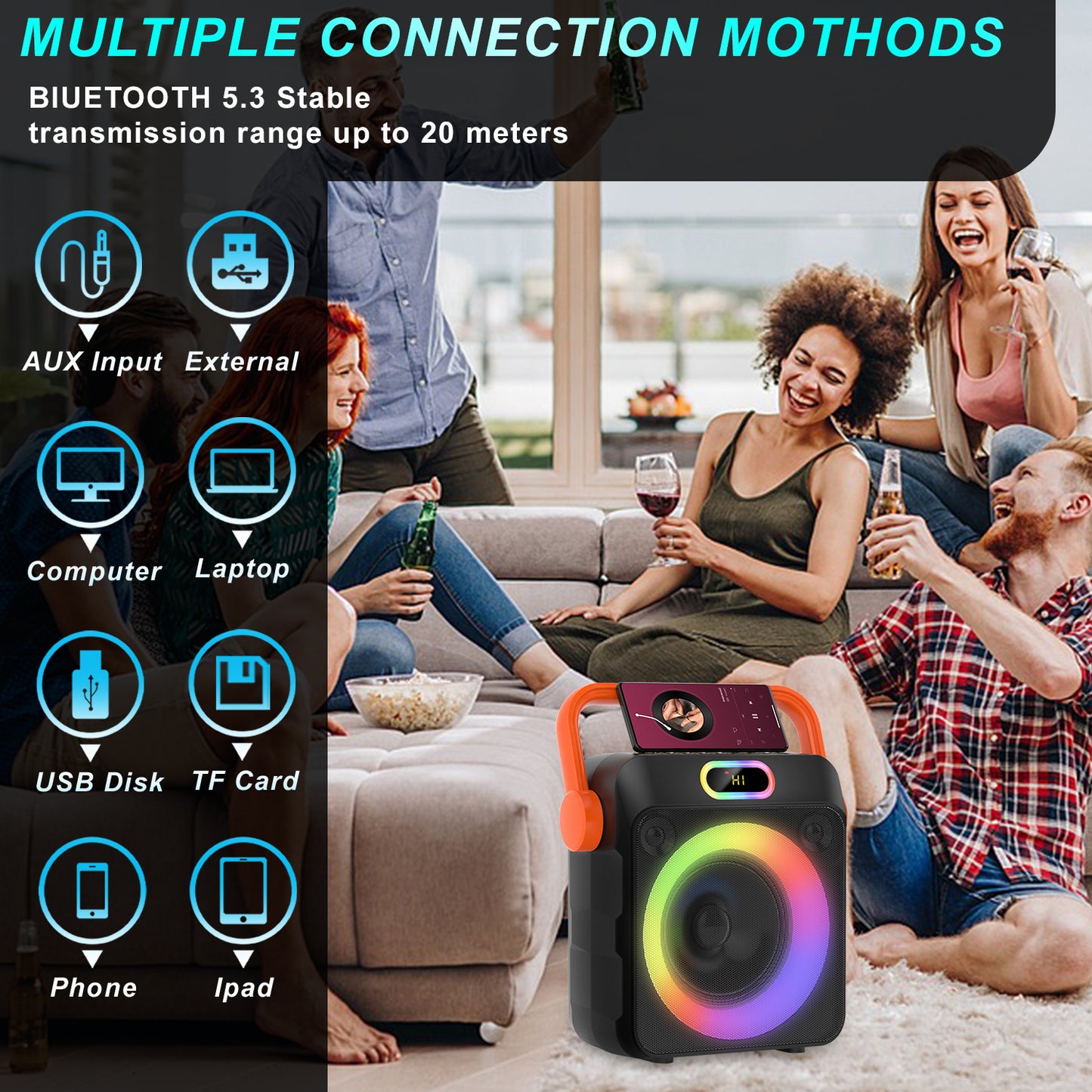 Dammyty Karaoke Machine with 2 Wireless Microphones,Portable Karaoke Machine for Adults & Kids,Karaoke Microphone with PA System,Karaoke Speaker Supports for TWS,USB,FM,REC,AUX in,TF Card
