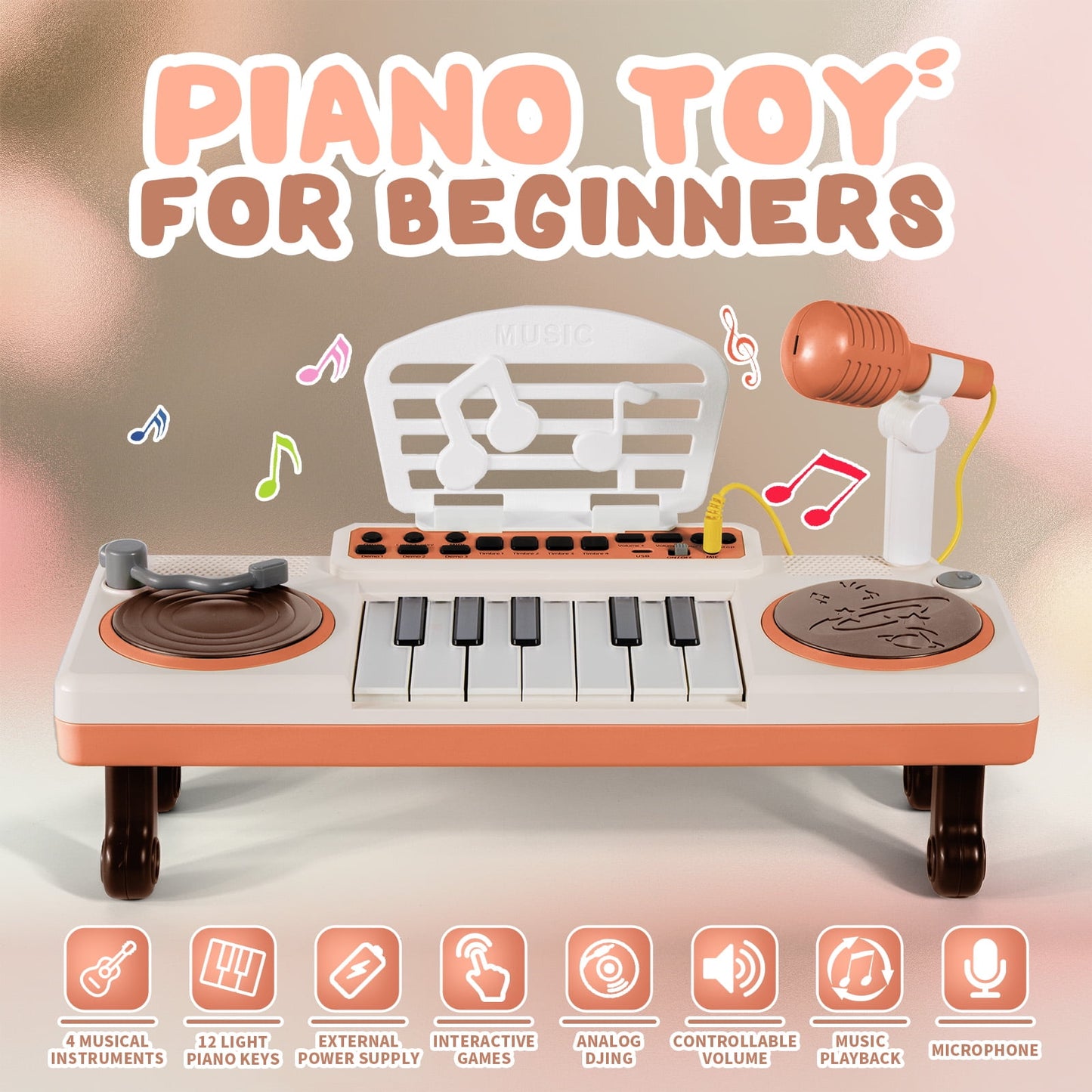 Dammyty Toddler Piano Toys for Girls, Baby Musical Keyboard Kids Age 1 2 3 Play Instrument with Microphone