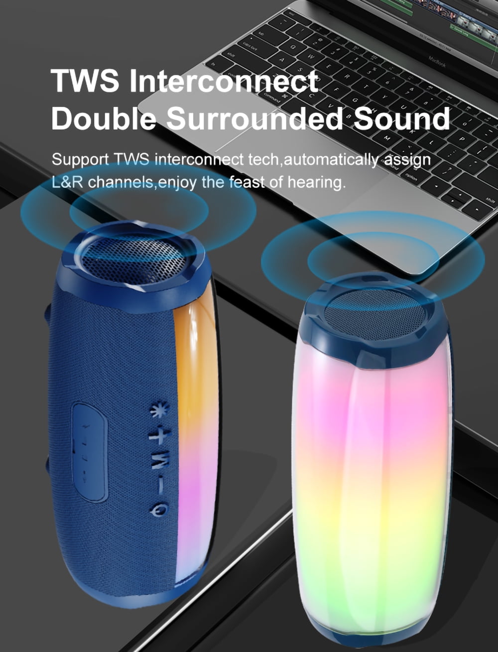 Dammyty Portable Bluetooth Speaker, IP67 Waterproof Wireless Speaker with Loud Stereo Sound, Deep Bass, Bluetooth 5.3, TWS Pairing，Colorful LED Lights , T&G Speaker, Outdoor, Party（Blue）