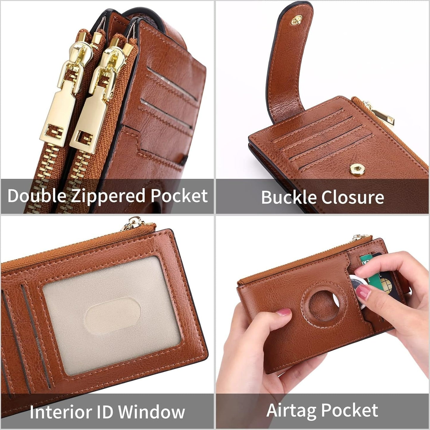 Dammyty Wallets for Woman Small Genuine Leather Bifold Credit Card Holder with RFID Blocking, Woman Wallet with Dual Zipper Pockets