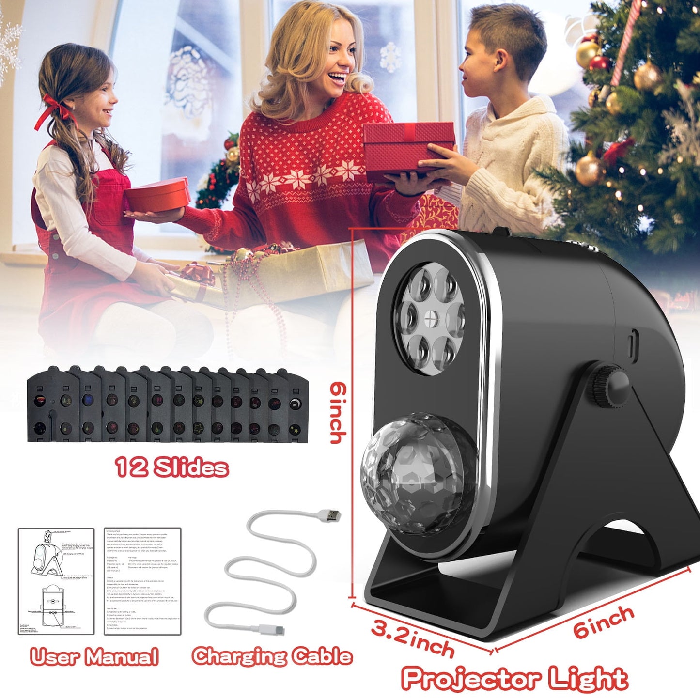 Dammyty Christmas Light Projector with Bluetooth Speaker, LED Projector Lights 12 Switchable Patterns for Children Birthday Party Holiday Wedding Home Decor