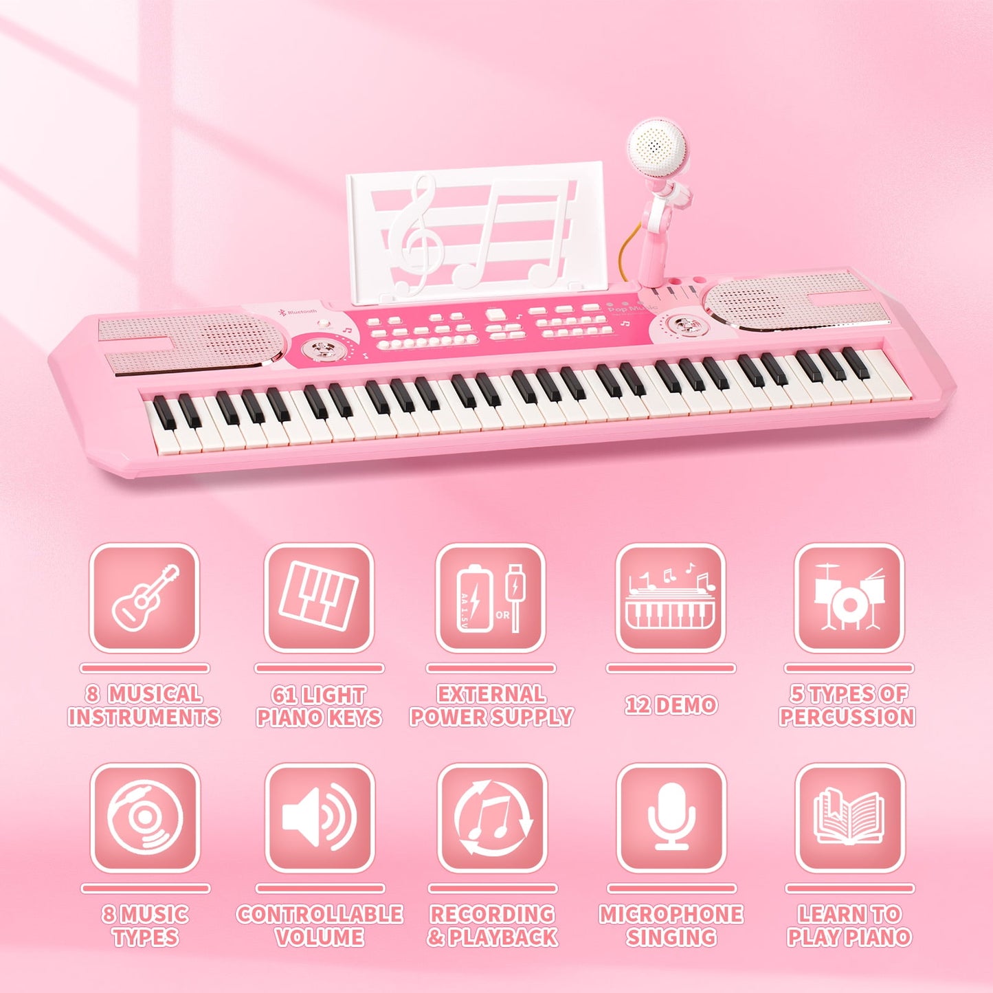 Dammyty Upgrade 61 Keys Electronic Piano Keyboard for Kids Adults, Bluetooth Portable Electric Piano with Microphone for Christmas Birthday Gift