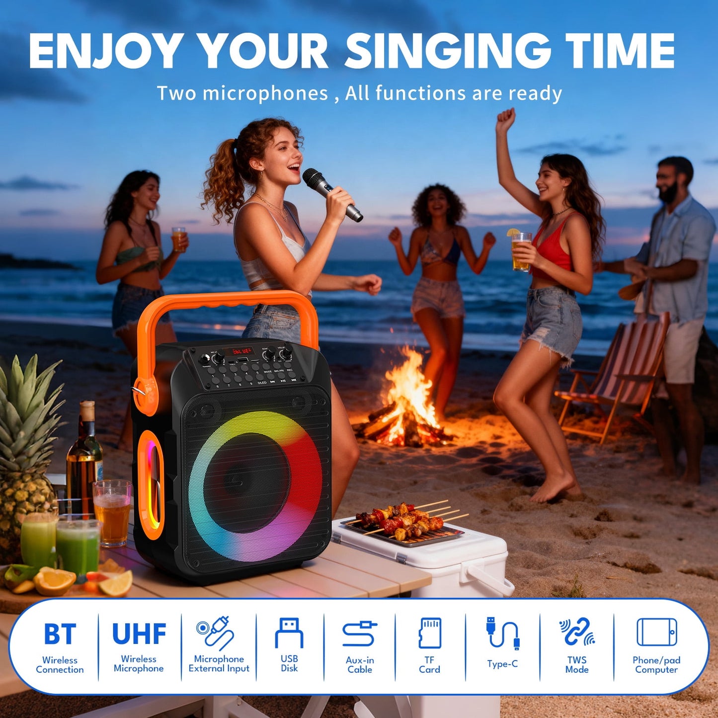 Dammyty Karaoke Machine for Adults & Kids, Karaoke Speaker with 2 Microphones, Portable Bluetooth Speaker with Party Light, Support for TF Card, USB, AUX, FM,TWS